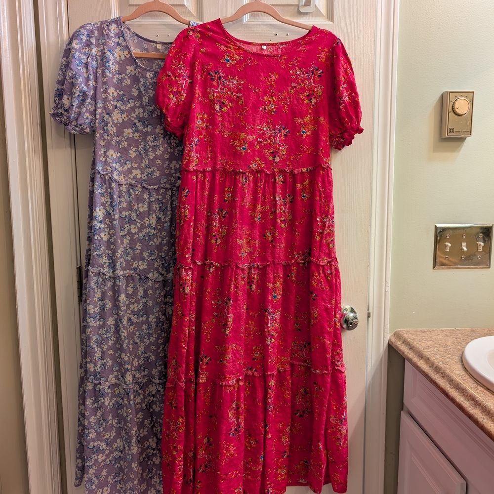 Two Floral Tiered Maxi Dresses in Red and Blue
